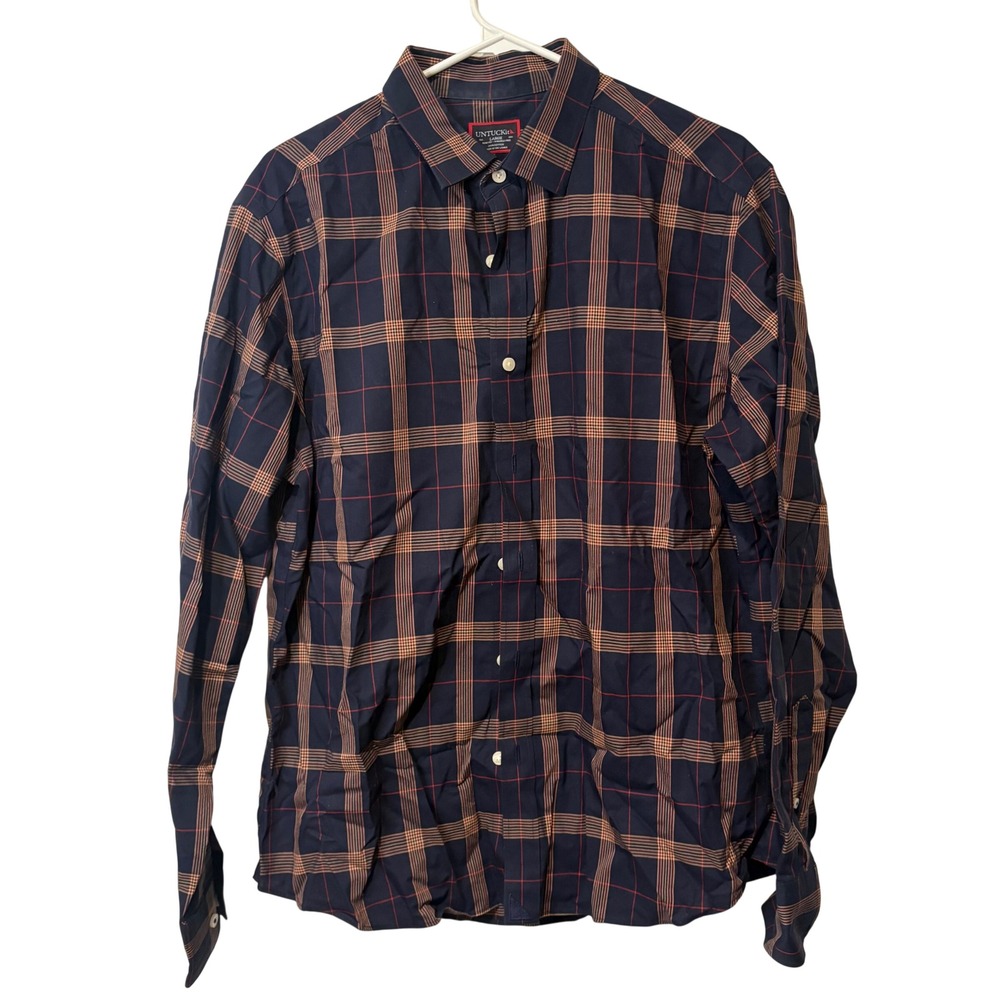 UNTUCKit Paterson-WF Shirt Mens Large Navy Plaid Slim Fit Wrinkle Free 41155